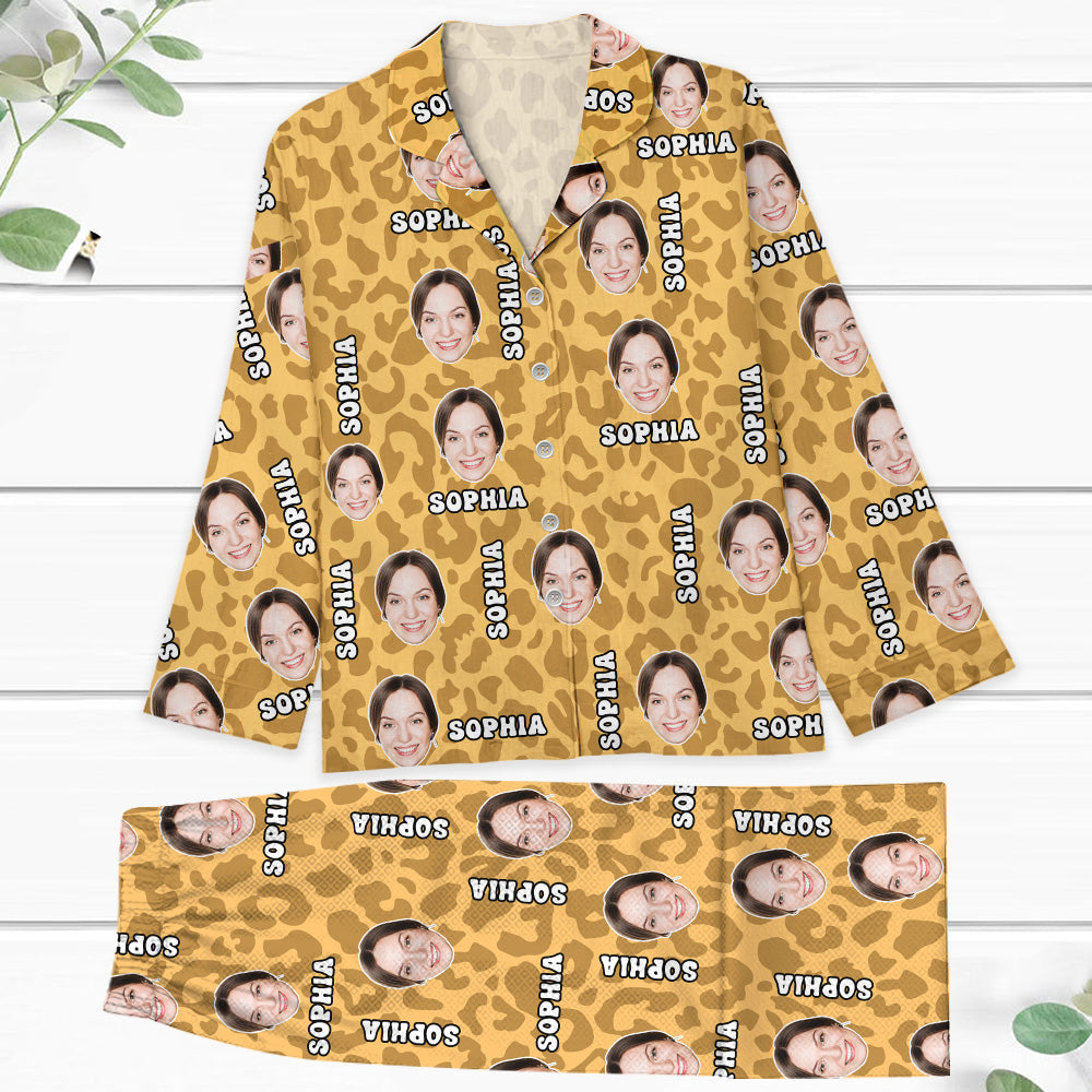 Custom Face Pattern Leopard Pajamas Set - Personalized Photo Leopard Print Pajamas