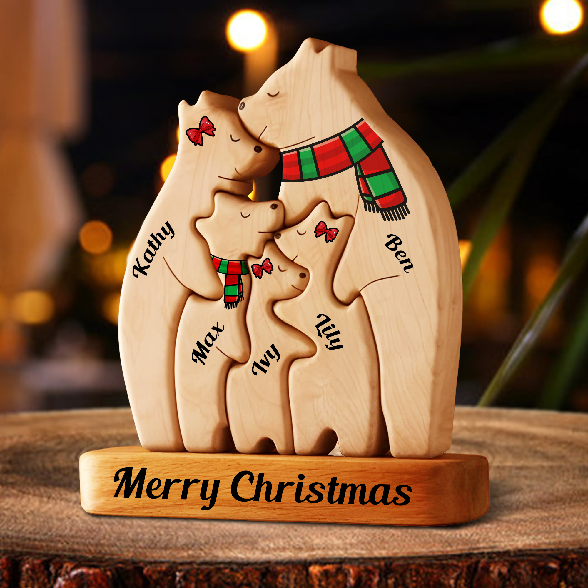 Personalized Wooden Bear Family Puzzle, Wooden Bear With Scarf, Christmas Family Keepsake Gifts