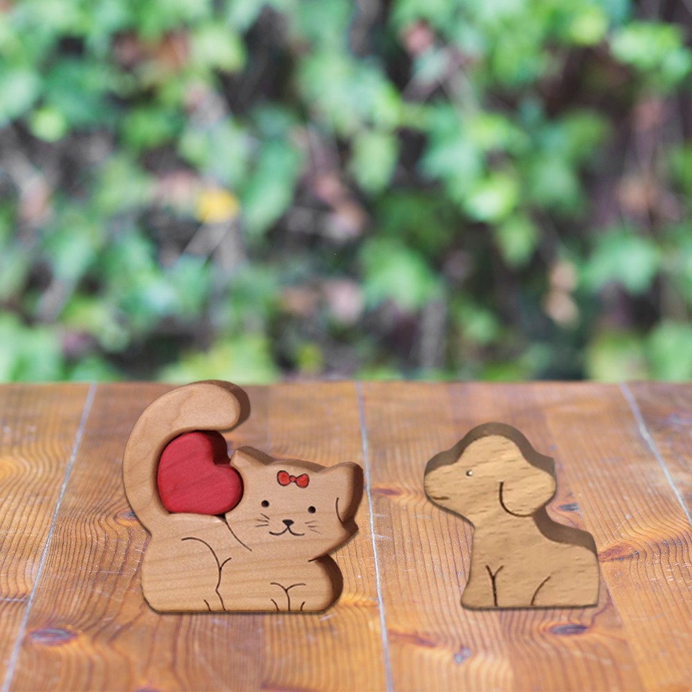 Dog and Cat Mini Shape - Puzzle Wooden Family - Wooden Pet Carvings