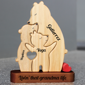 Personalized Single Parent Family With Stand - Puzzle Wooden Bear Family - Wooden Pet Carvings