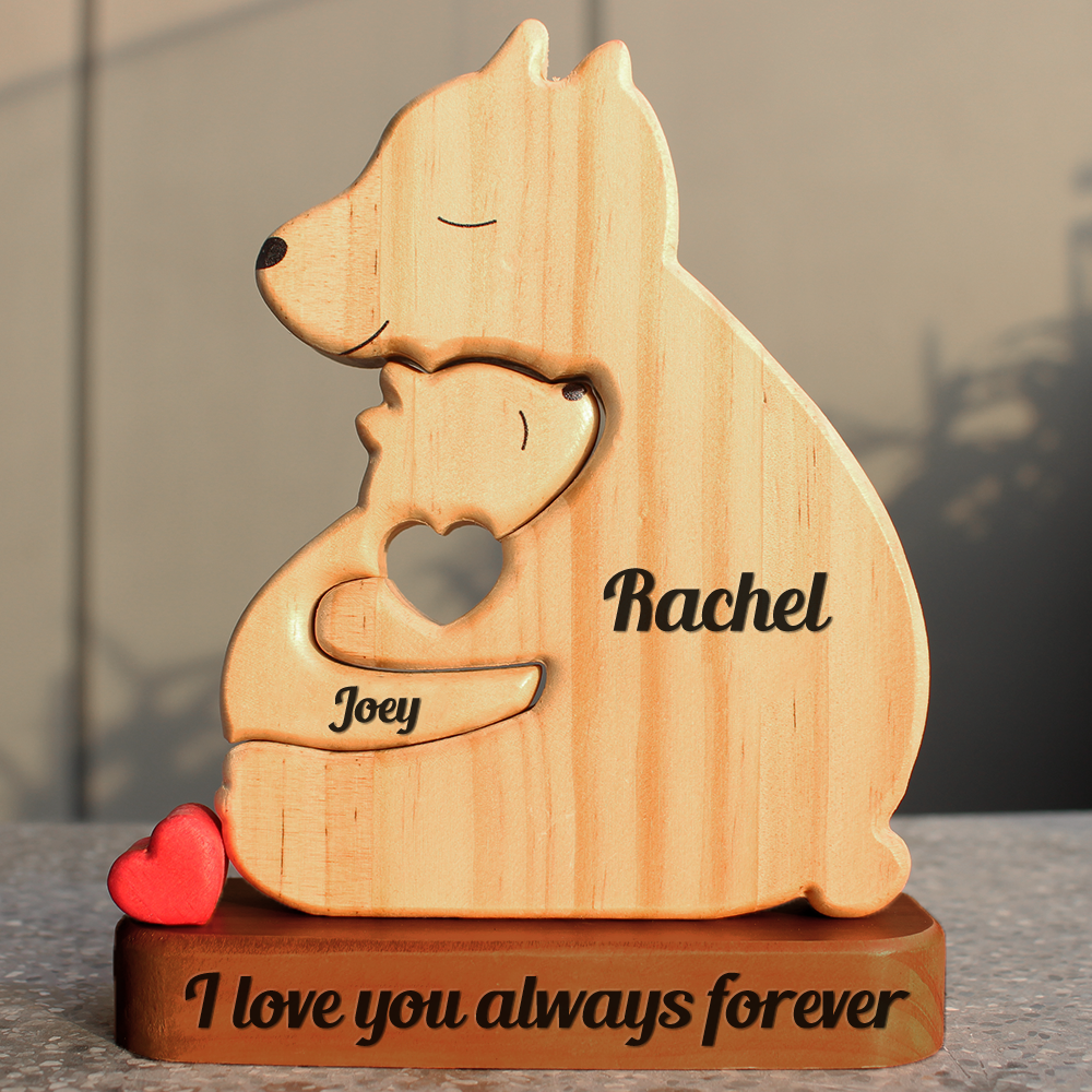 Personalized Single Parent Family With Stand - Puzzle Wooden Bear Family - Wooden Pet Carvings