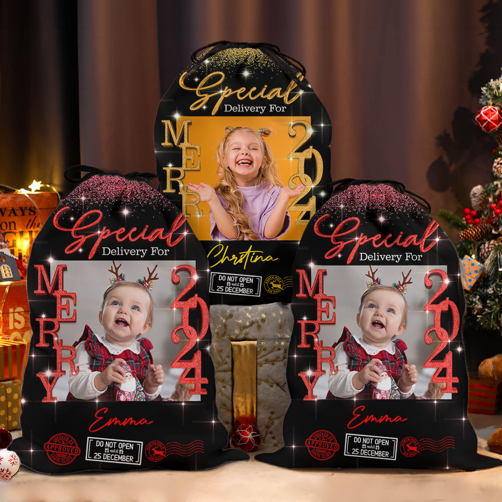 Personalized Glitter Santa Christmas Sack - Special Delivery Gift Bag - Custom Name Photo Christmas Eve Box