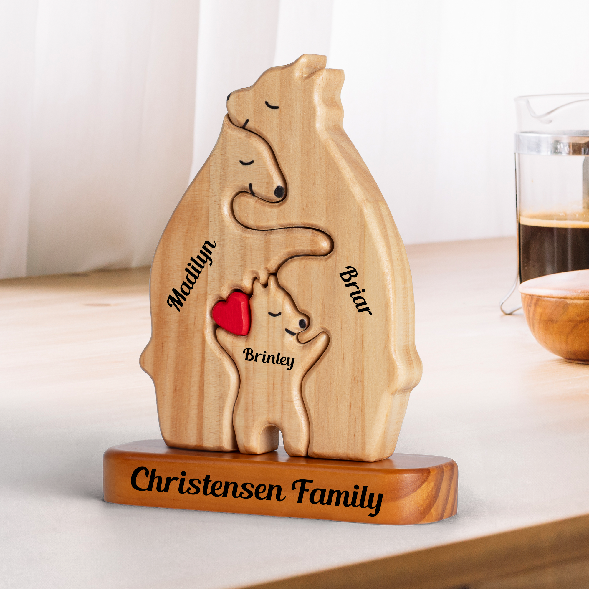 Personalized Wooden Bears Family With Hearts - Puzzle Wooden Bears Family - Wooden Pet Carvings