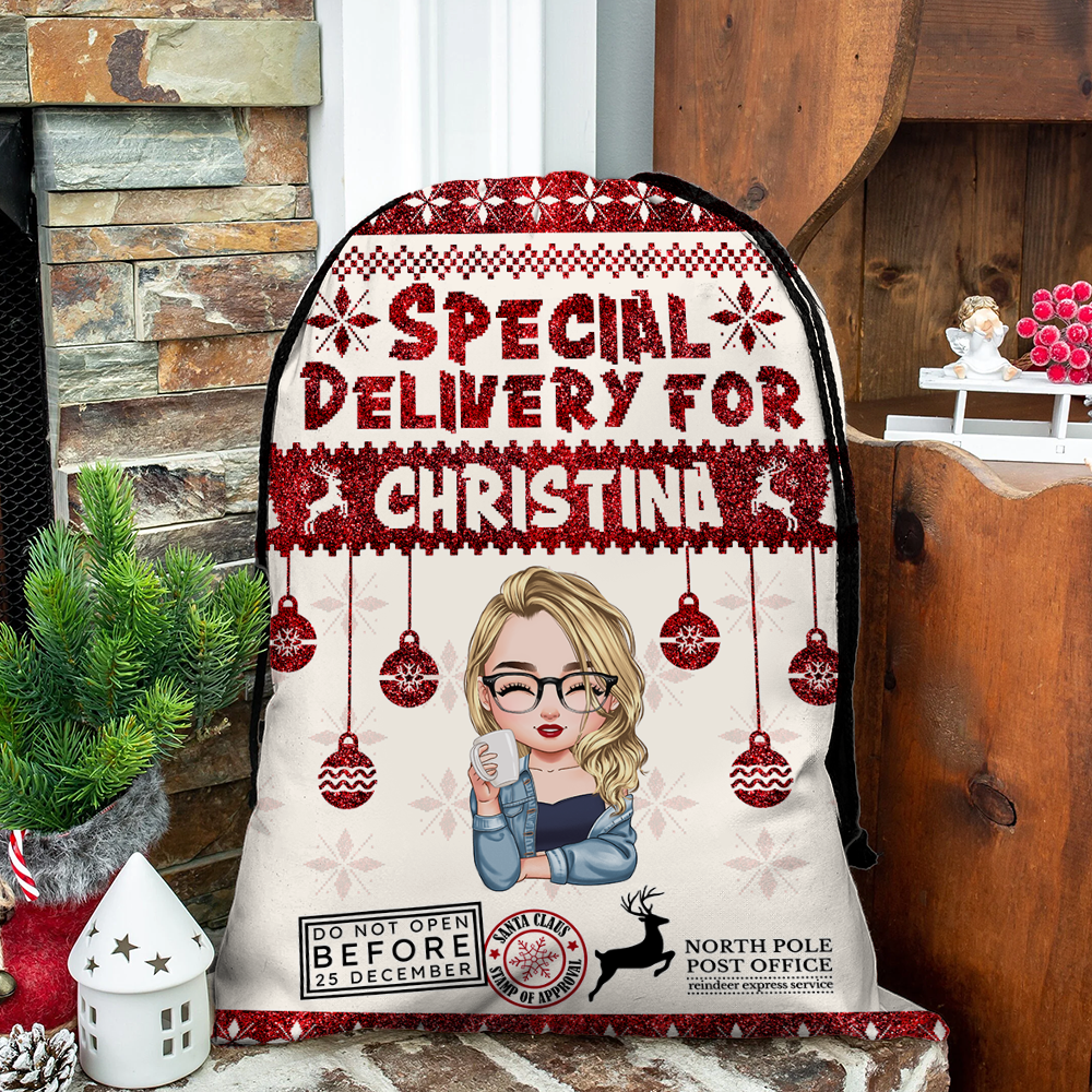 Glitter Special Delivery Santa Sack - Christmas Gift Bag for Kids and Adults and pet - Christmas Gift Bag