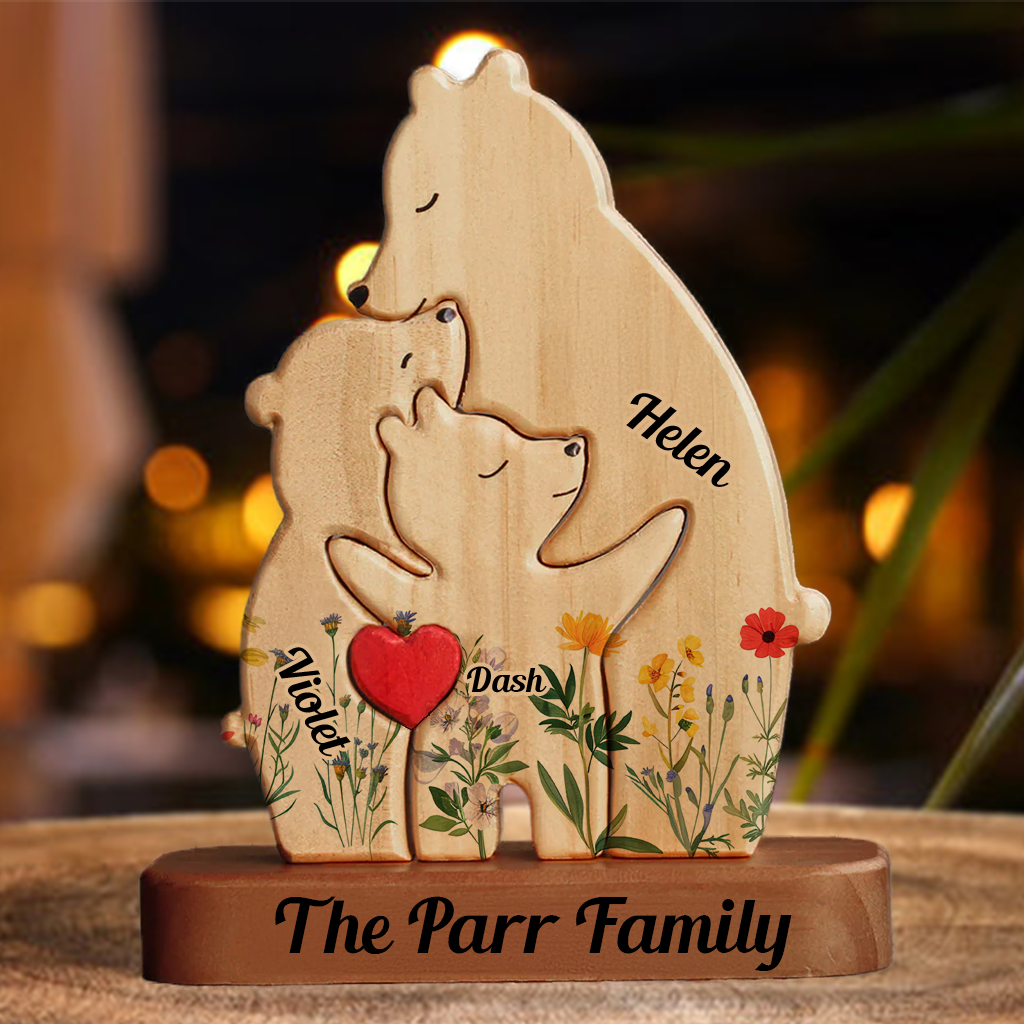 Flower Single Parent Family With Stand - Puzzle Wooden Bear - Christmas Wooden Pet Carvings