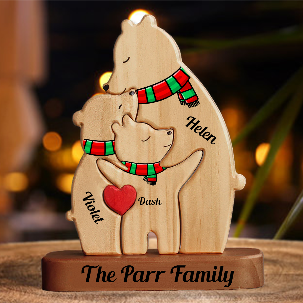 Personalized Single Parent Family With Stand - Puzzle Wooden Bear With Scarf - Christmas Wooden Pet Carvings