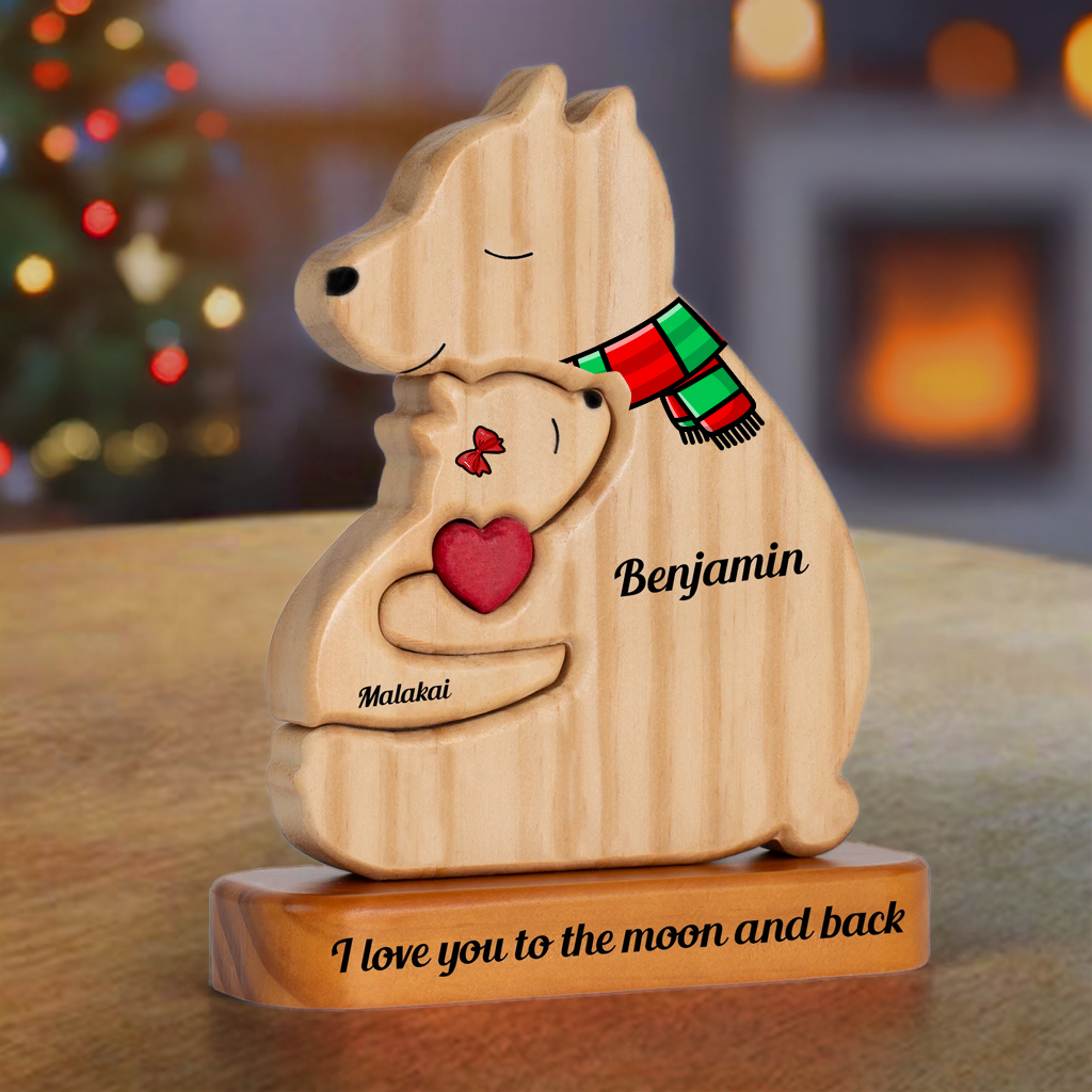 Personalized Single Parent Family With Stand - Puzzle Wooden Bear With Scarf - Christmas Wooden Pet Carvings