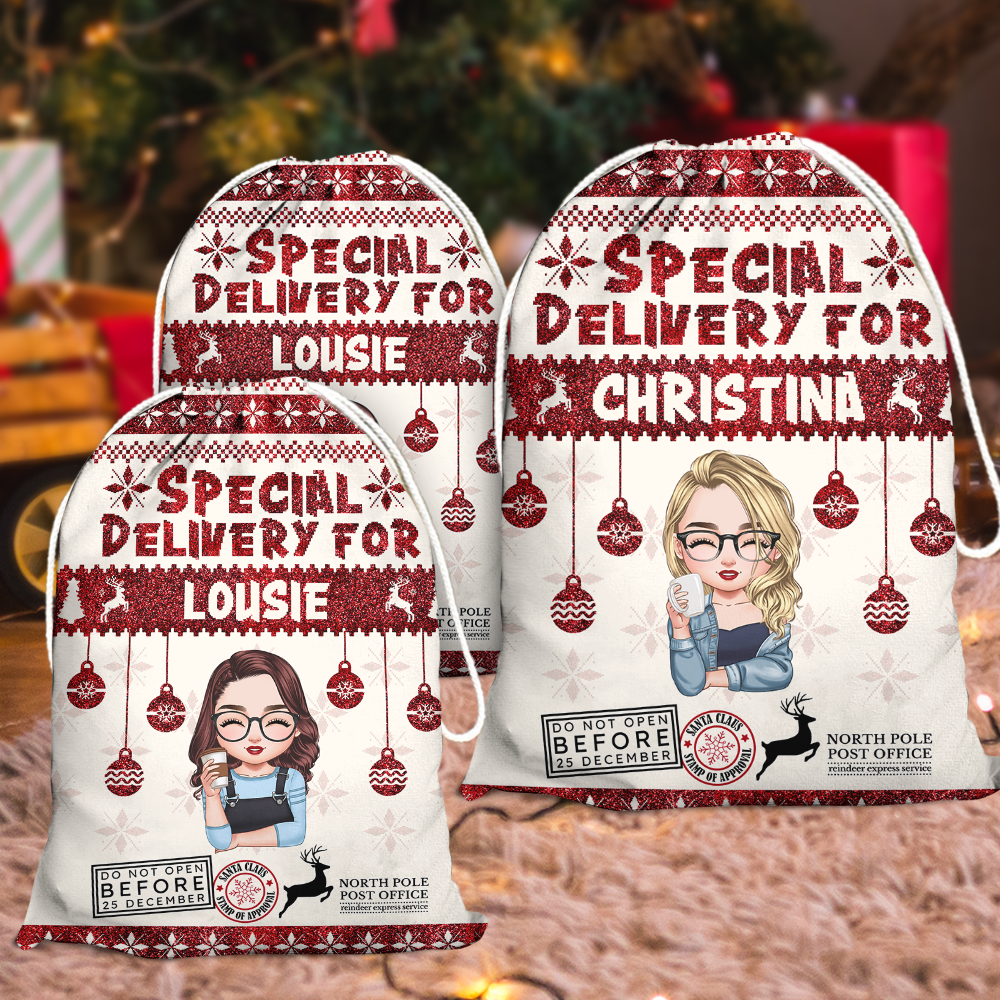 Glitter Special Delivery Santa Sack - Christmas Gift Bag for Kids and Adults and pet - Christmas Gift Bag