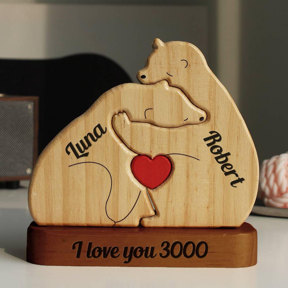 Lovely Bear Family Hugging In Cozy Season - Puzzle Wooden Bears Family - Wooden Pet Carvings