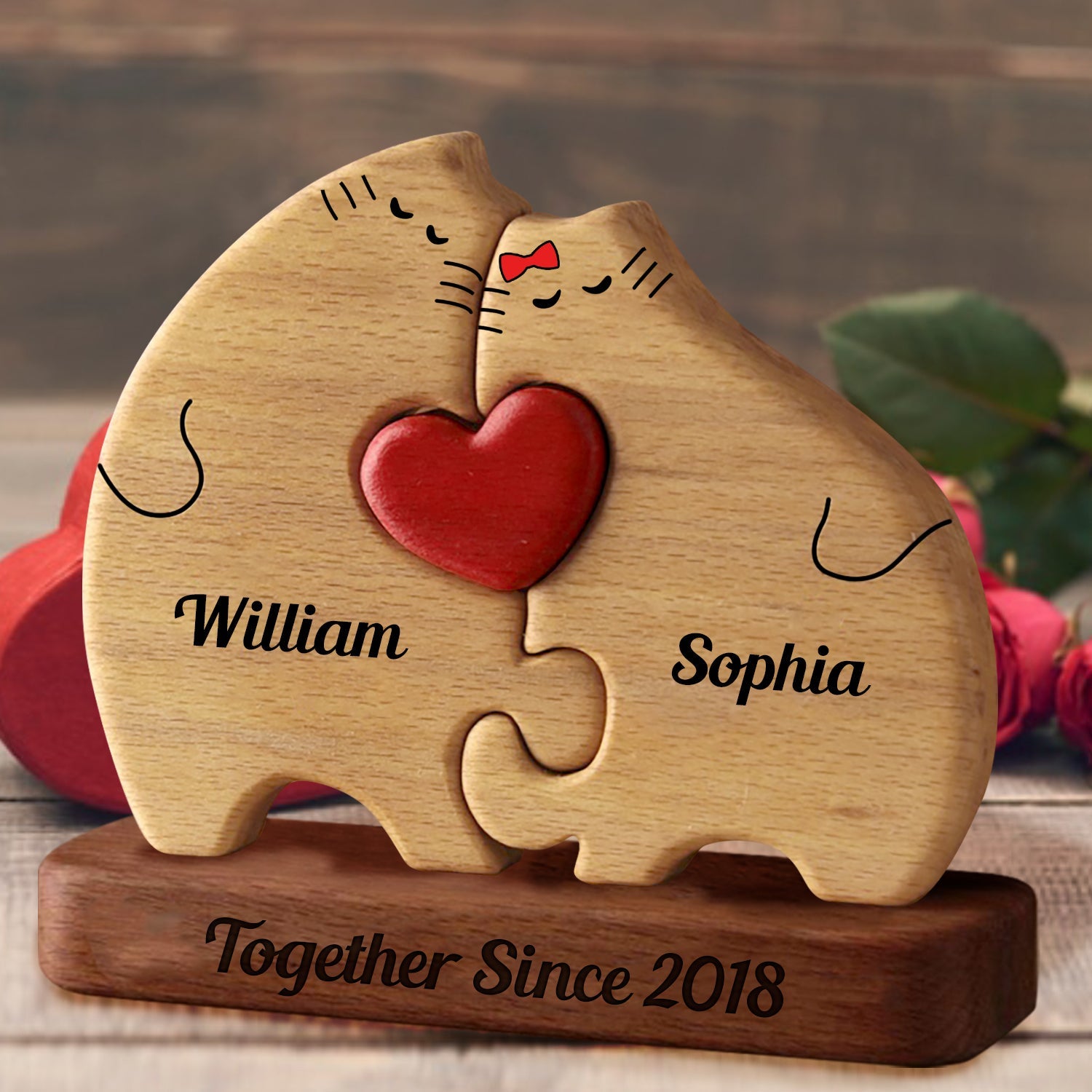 Personalized Wooden Cats Couple Anniversary Gift For Couple - Puzzle Wooden Cat Family - Wooden Pet Carvings