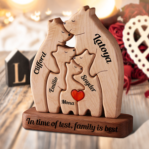 Family Connected By Hearts - Puzzle Wooden Bears Family - Wooden Pet Carvings